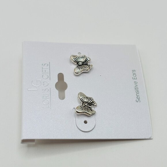 Lori’s Gifts Silver Tone Butterfly Stud Earrings Rhinestone Accent Sensitive Ear - Picture 3 of 4
